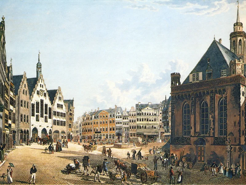 1794-Friedrich Wilhelm Delkeskamp - Veduta del Römerberg di Francoforte sul Meno con l'antica chiesa di San Nicola